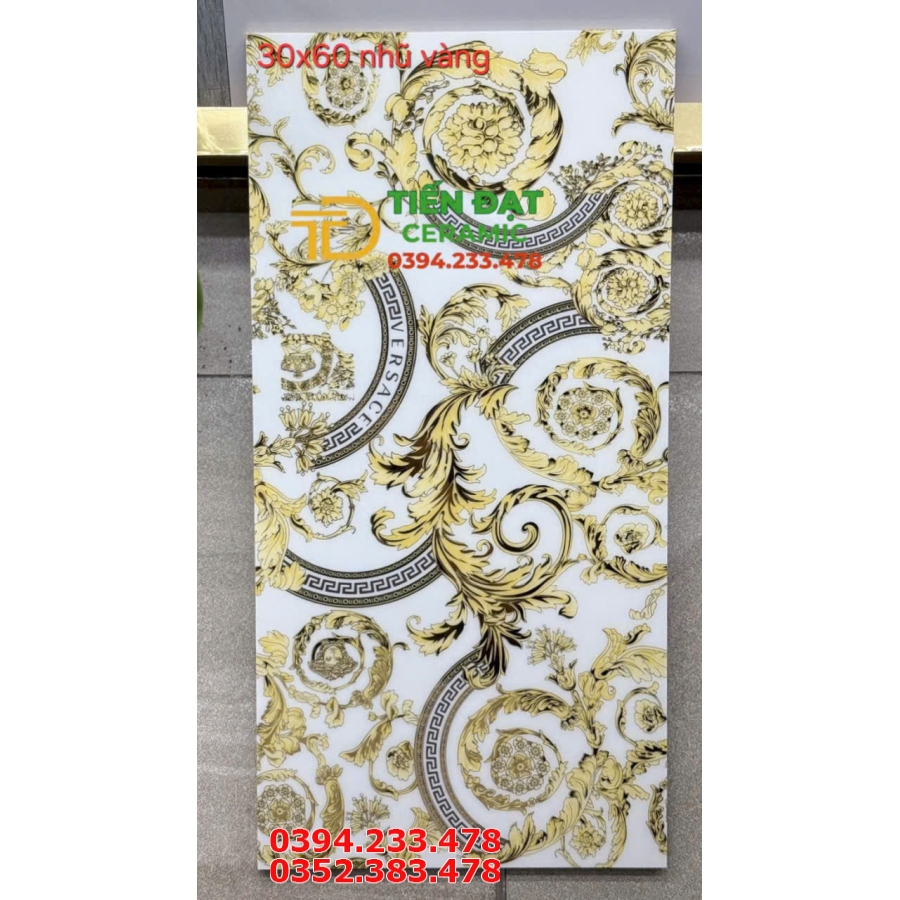 Gạch Bóng Kính Khắc Vàng TQ 30x60 Hoa Văn Trắng Vàng