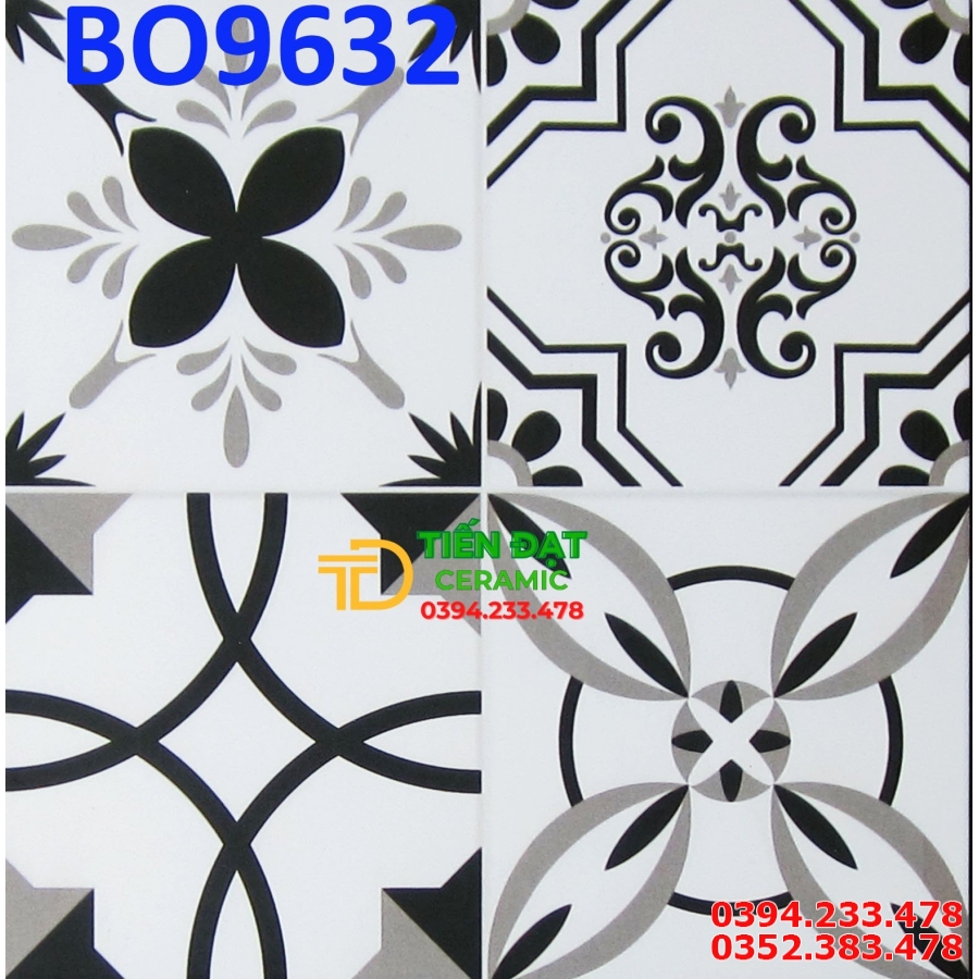 Gạch Cao CẤp 240x30 Bông Hoa Văn Trắng Đen Giả Cổ 