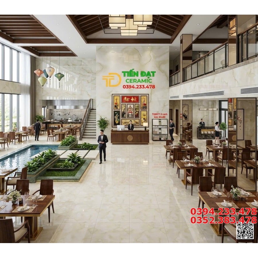 Gạch Ốp Lát 80x80 TQ Xanh Nhạt Nhũ Vàng Cao Cấp Đẹp