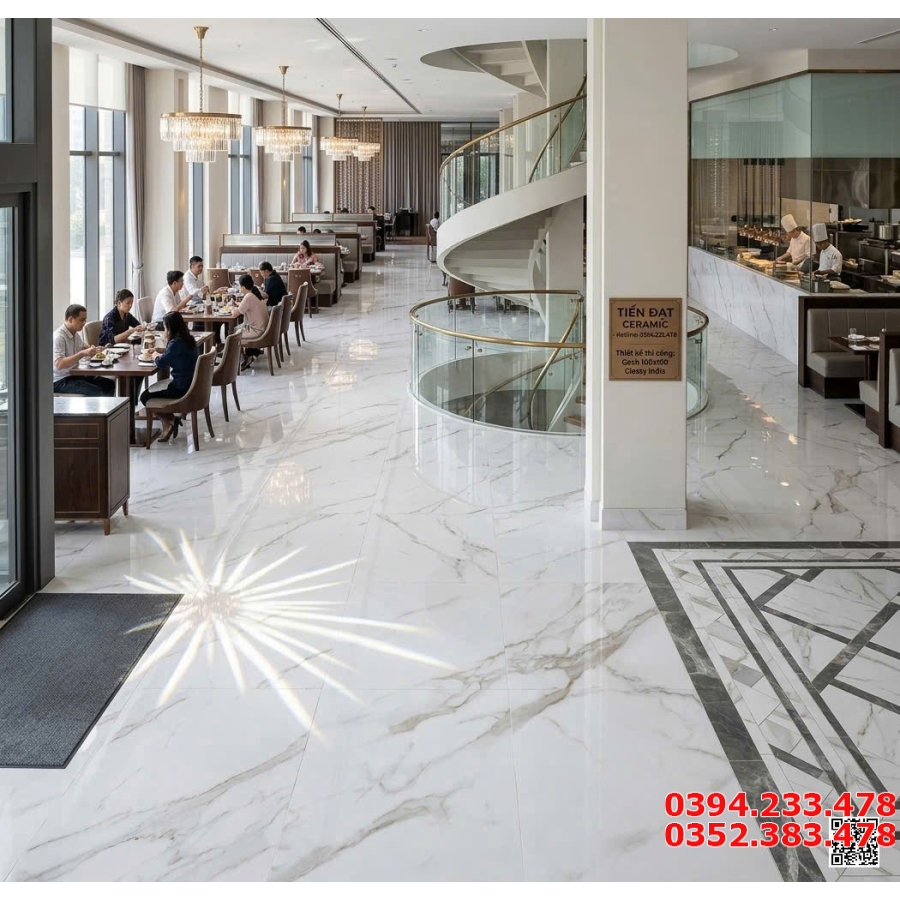 Gạch lát Nền Nhà Hàng Cao Cấp 100x100 Trắng Vân Xám Vàng
