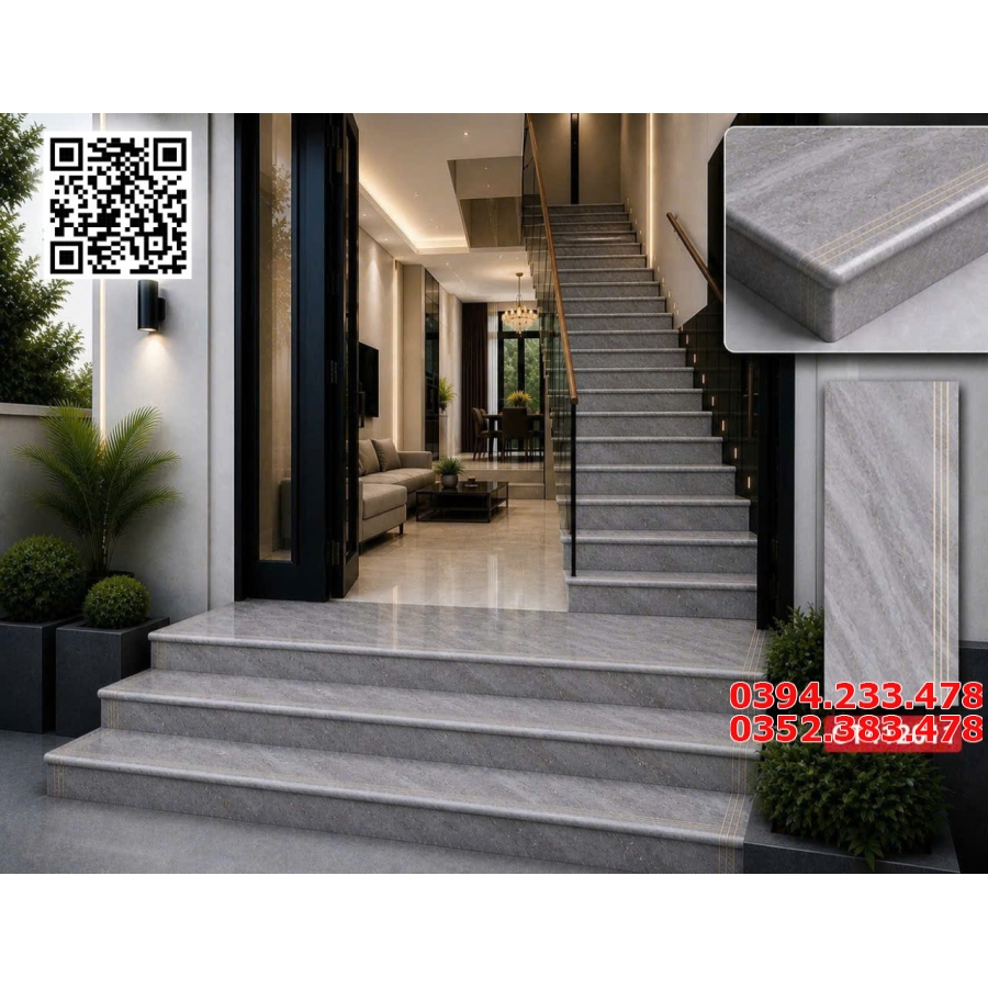 Gạch Đá Cầu Thang 47x120 Vân Xám Đá Ánh Kim Vàng