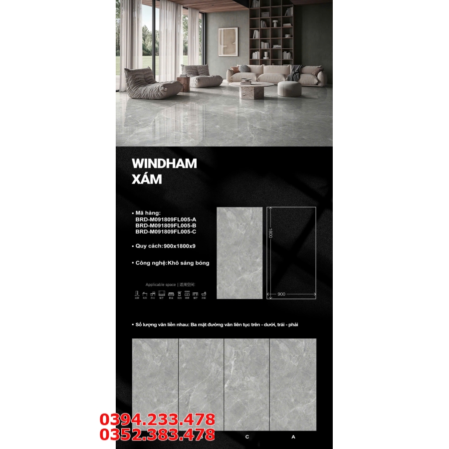 Gạch Đá Khổ Lớn 90x180 Lát Nền Phòng Khách Vân Xám Windham