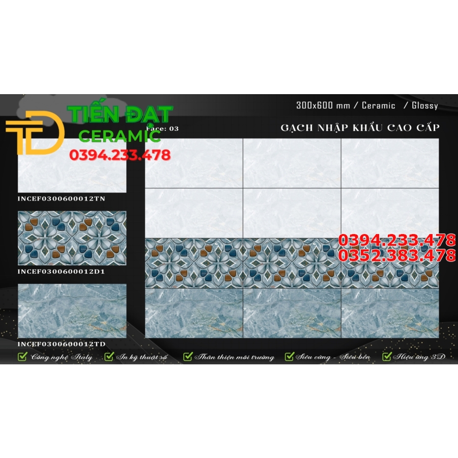 Gạch Dán Tường 30x60 Bộ Đậm Nhạt Vân Xanh 