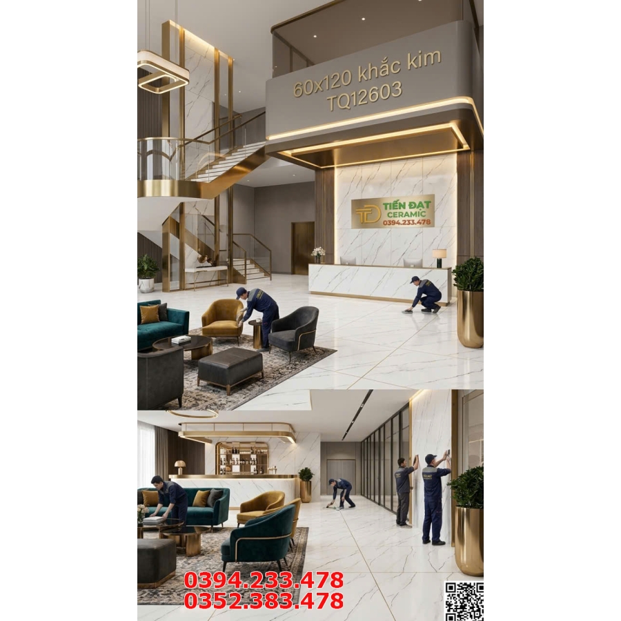 Đá Đồng Chất TQ 60x120 Trắng Nhũ Vàng Ốp Lát Khách Sạn