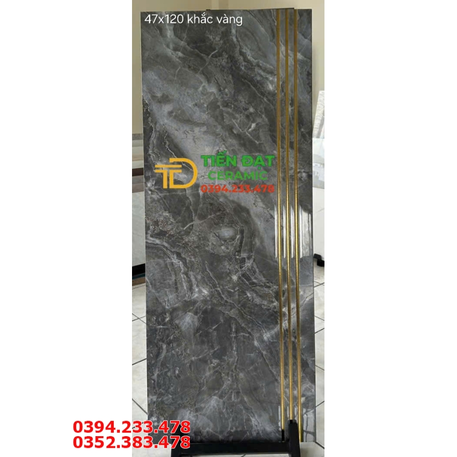 Gạch Đồng Chất TQ 47x120 Cầu Thang Nhũ Vàng Vân Xám Giả Đá