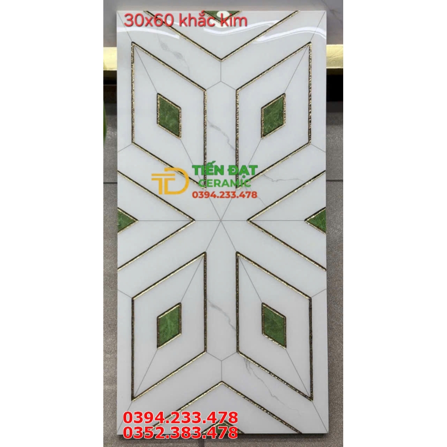 Gạch Ép Kính Nhũ Vàng 30x60 Ô Vuông Xanh Trắng Trang Trí