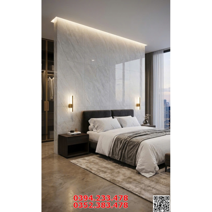 Gạch Đá Thạch Anh 40x80 Nhũ Vàng Ốp Phòng Ngủ