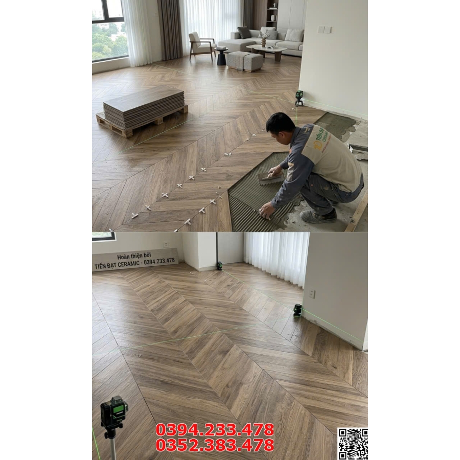 Gạch Lát Nền Giả Gỗ Ghép Xương Cá 60x120 TQ Nâu Đậm 