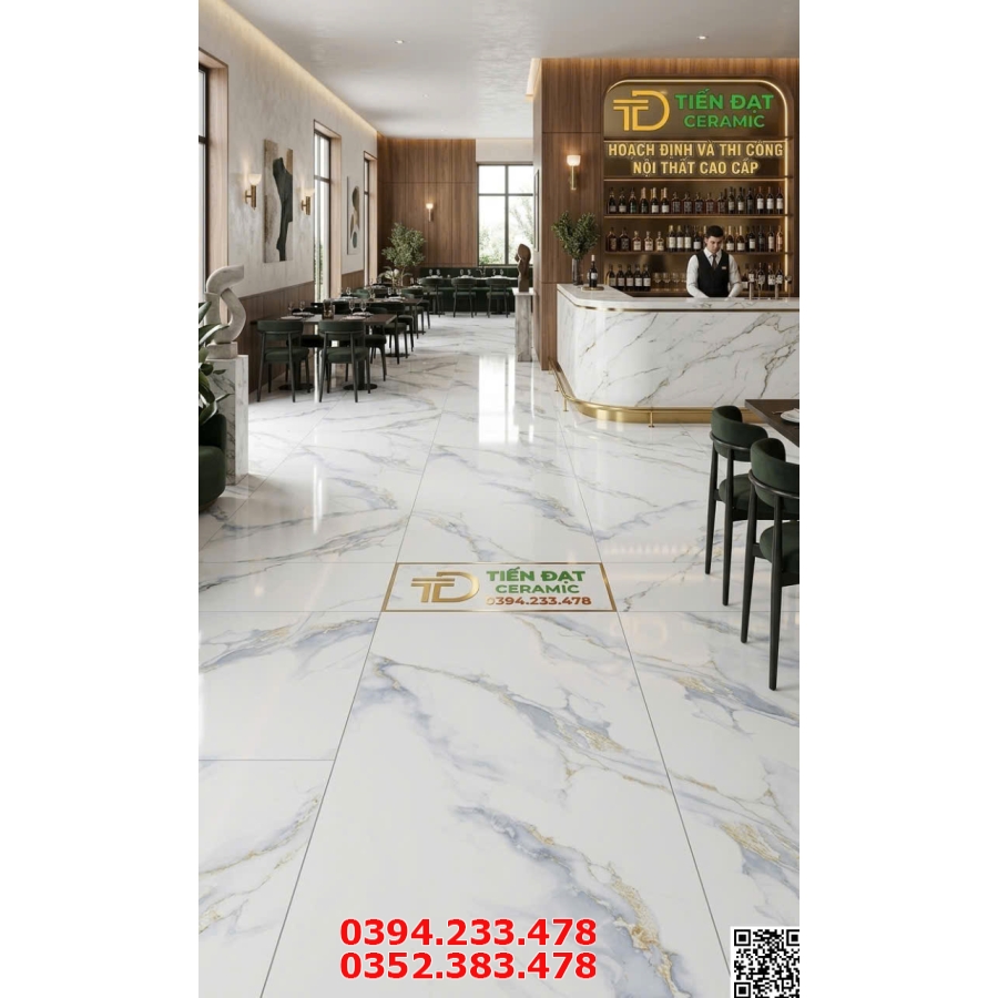 Gạch Ý Mỹ 60x120 Lát Quầy Tiếp Tân Trắng Xám Ánh Vàng