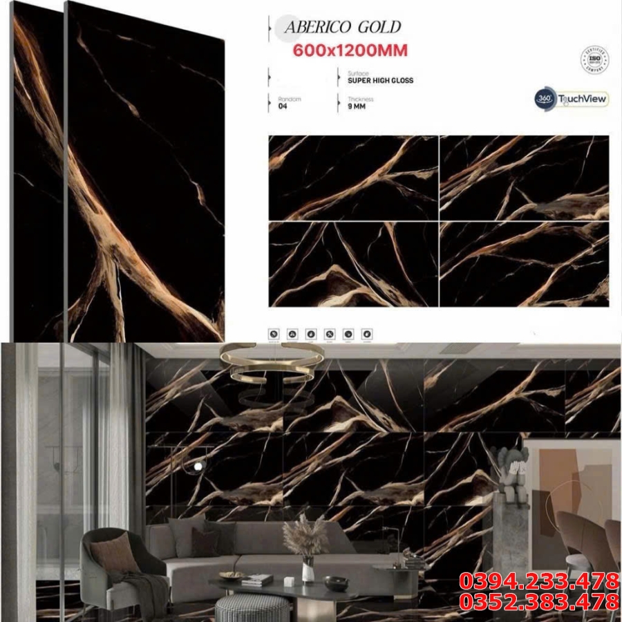 Gạch Ốp Lát 80x160 Khổ Lớn Đen Vân Vàng Bóng Vi Tinh