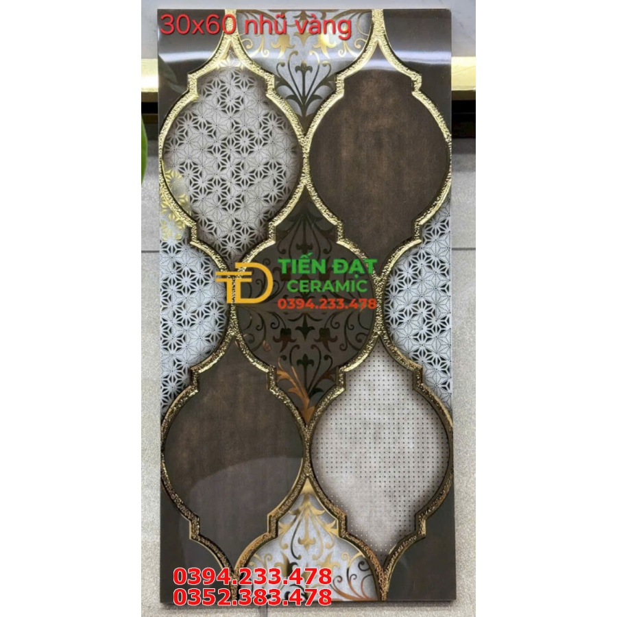 Gạch Kính Cường Lực 30x60 Hoa Văn Khắc Vàng