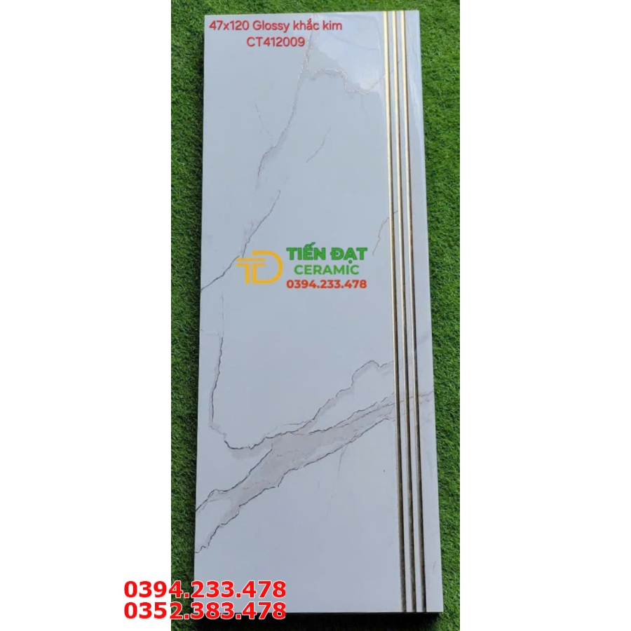 Gạch Lát Bậc Cầu Thang 47x120 Trắng Khắc Kim Vàng Mẫu Mới