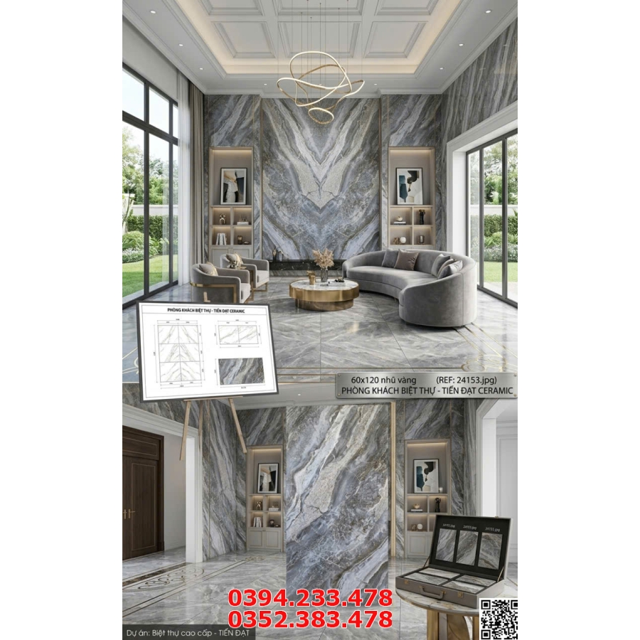 Gạch Khổ Lớn Trung Quốc 60x120 Vân Xám Đậm Khắc Kim