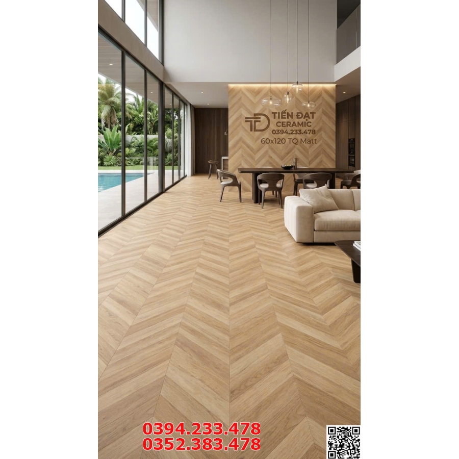 Gạch Giả Gỗ Ghép Hình Xương Cá 60x120 Ốp Lát Phòng Khách