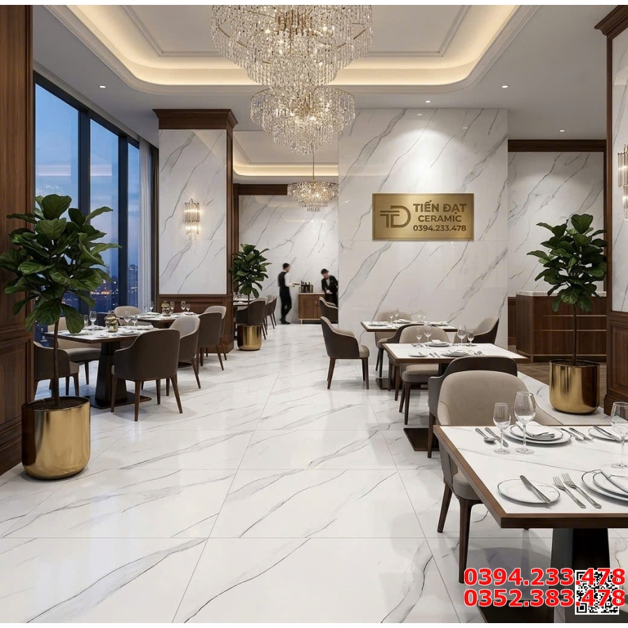 Gạch Ốp Lát Nhà Hàng Cao Cấp 60x60 Trắng Khắc Kim Vàng