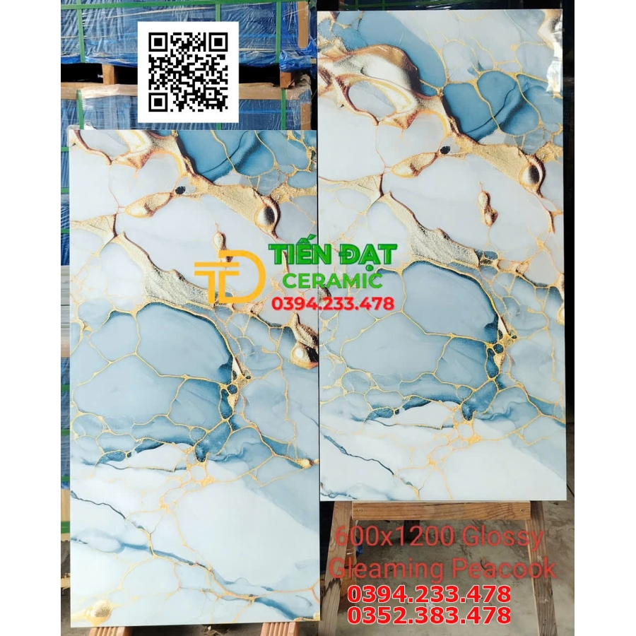 Gạch Lát Nền Phòng Khách 60x120 Xanh Trắng Nhũ Vàng 