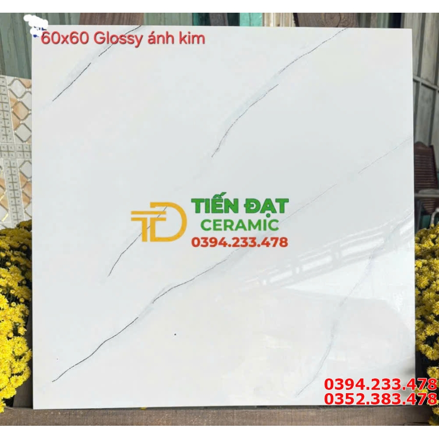 Gạch Lát Nền Phòng Khách 60x60 Trắng Khắc Kim Vàng TQ