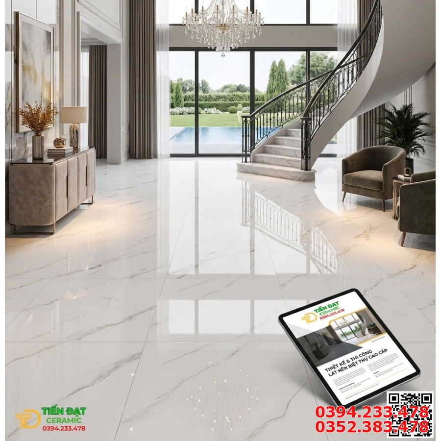 Gạch Cao Cấp TQ 100x100 Trắng Nhũ Vàng Lát Phòng Khách