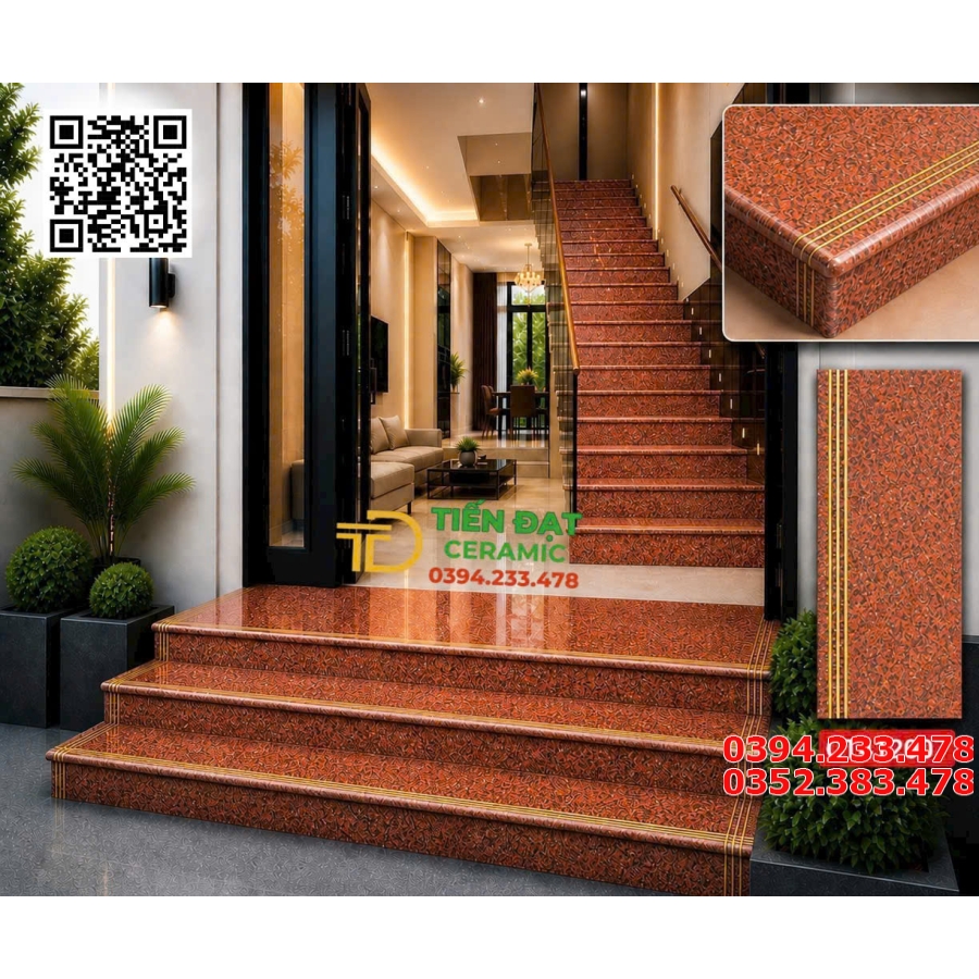 Gạch Lót Cầu Thang 47x120 Đỏ Hoa Cương Khắc Kim Vàng