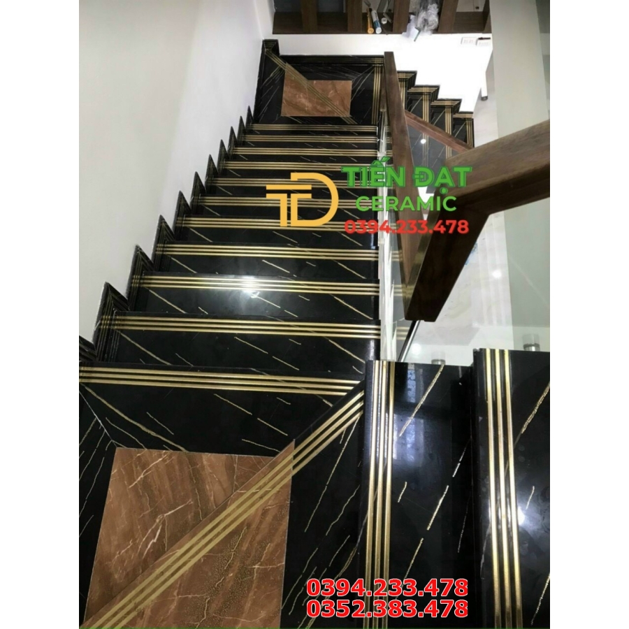 Gạch Lát Cầu Thang 47x120 Nhũ Vàng Đen Vân Cam