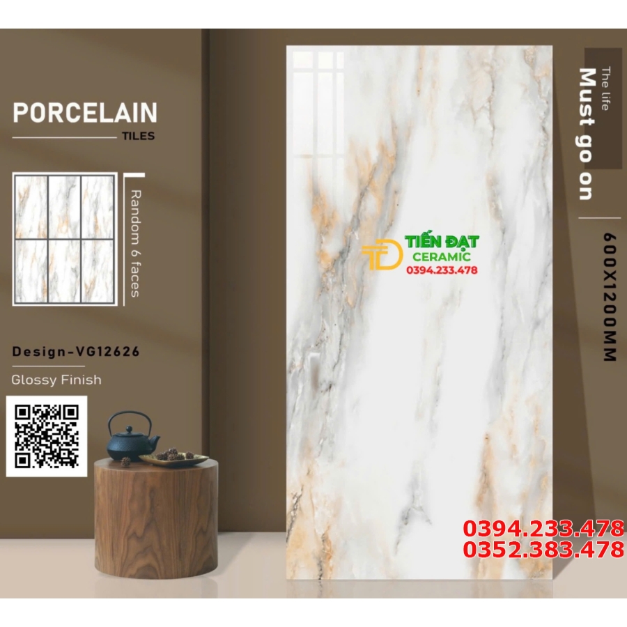 Gạch Lát Nền Phòng Khách 60x120 Trắng Vân Vàng