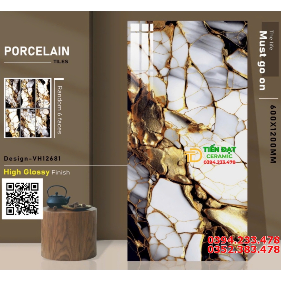 Gạch Lát Nền Phòng Khách 60x120 Trắng Vân Vàng