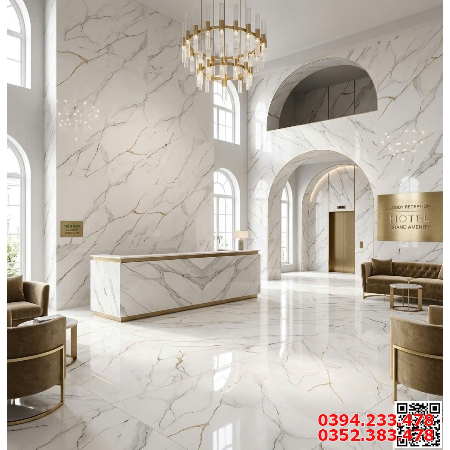 Gạch Lát Nền 80x80 Trắng Vân Khắc Vàng Kim TQ 