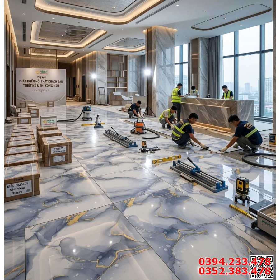 Gạch Ốp Lát Khách Sạn 80x80 Trắng Xanh Khắc Vàng Mẫu Mới