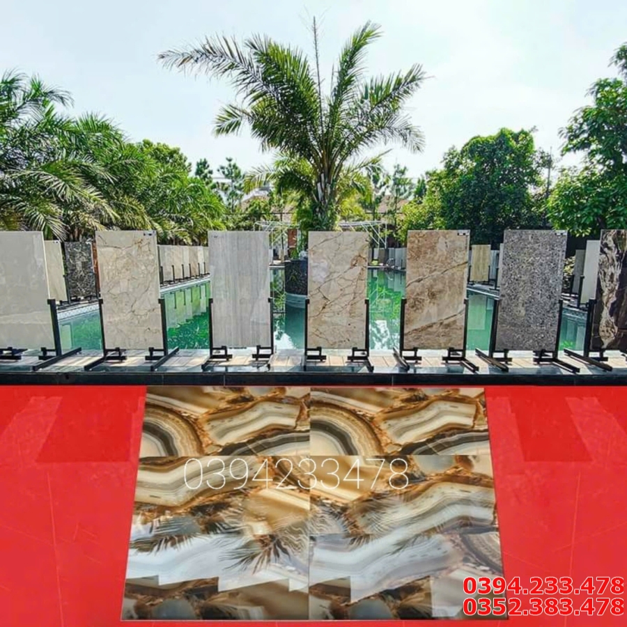 Gạch Lát Nền Phòng Khách 60x120 Xanh Trắng Nhũ Vàng 