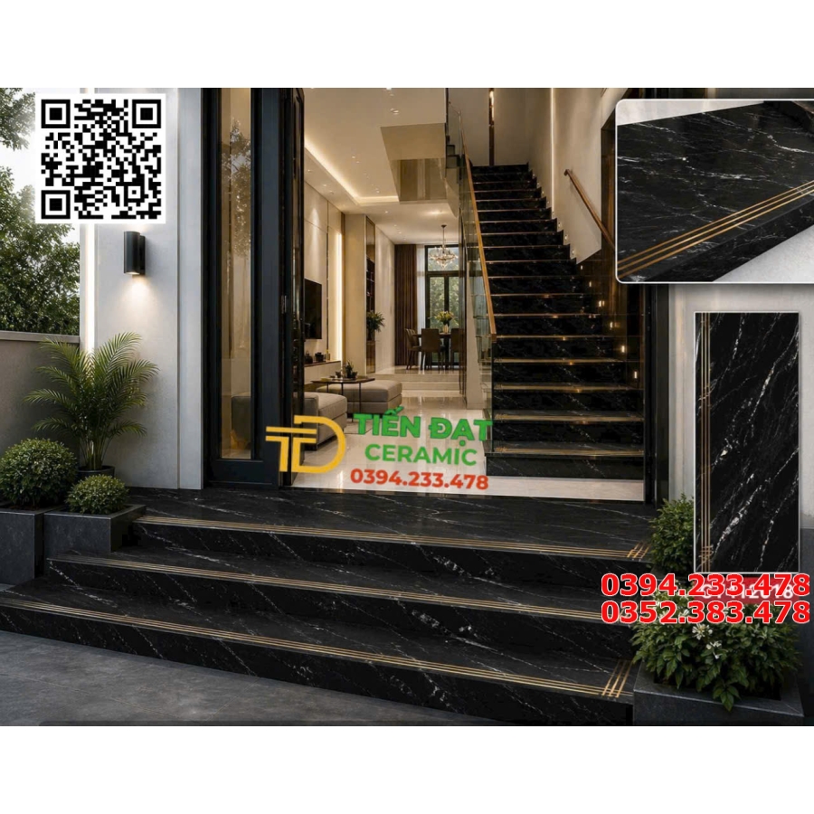Gạch Nhũ Vàng 47x120 Ốp Cầu Thang Đen Trắng 