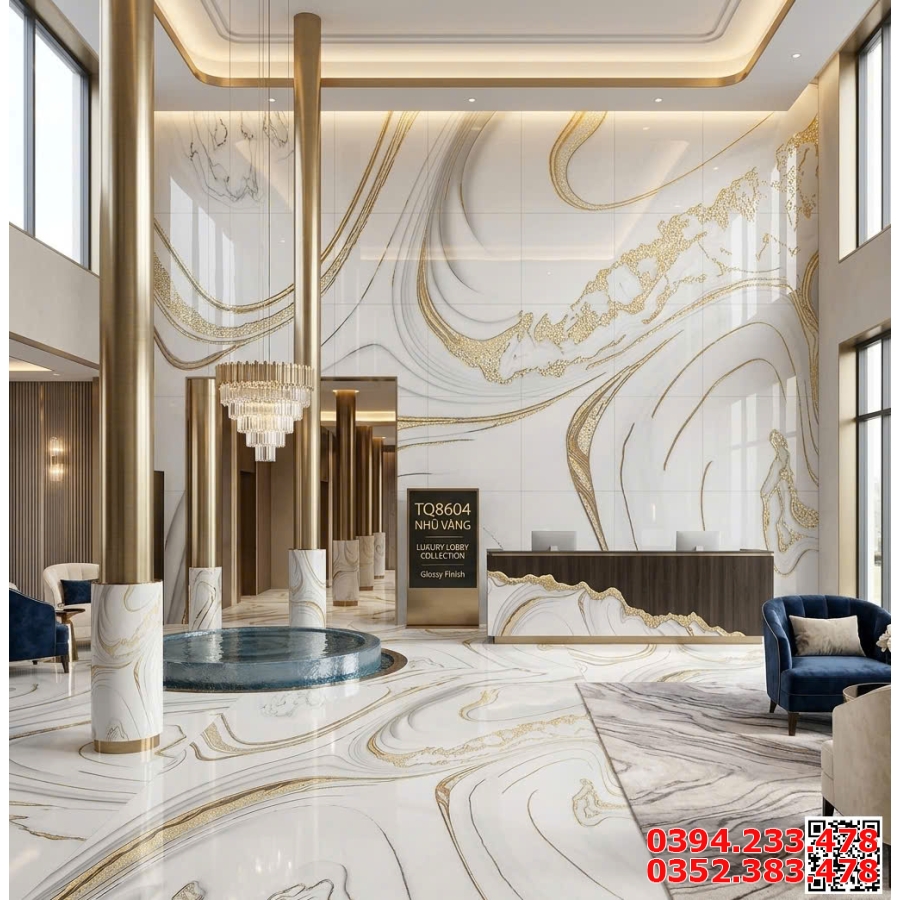 Gạch Bóng Kiếng Nhũ Vàng 80x80 Ốp Lát Biệt Thự Khắc Kim