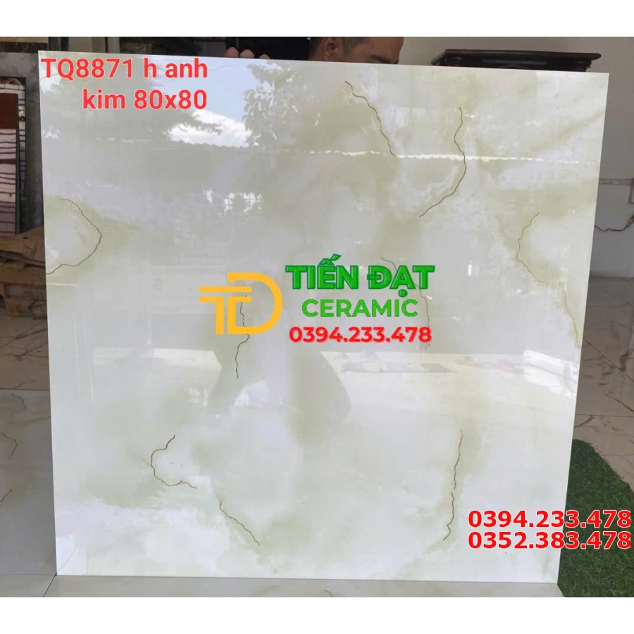 Gạch Ốp Lát 80x80 TQ Xanh Nhạt Nhũ Vàng Cao Cấp Đẹp