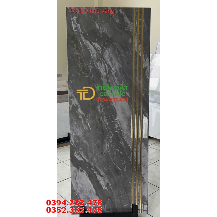 Gạch Ốp Lát Cầu Thang 47x120 Vân Xám Đá Khắc Vàng Kim