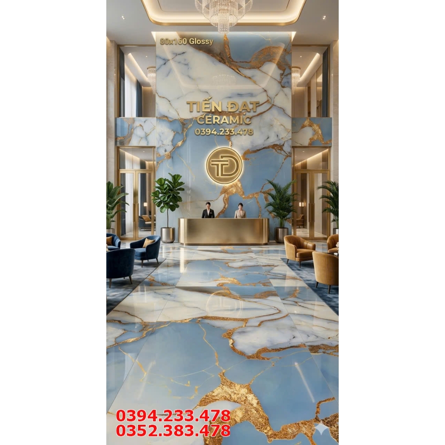 Gạch Lát Nền 80x160 Cao Cấp Xanh Trắng Ánh Vàng