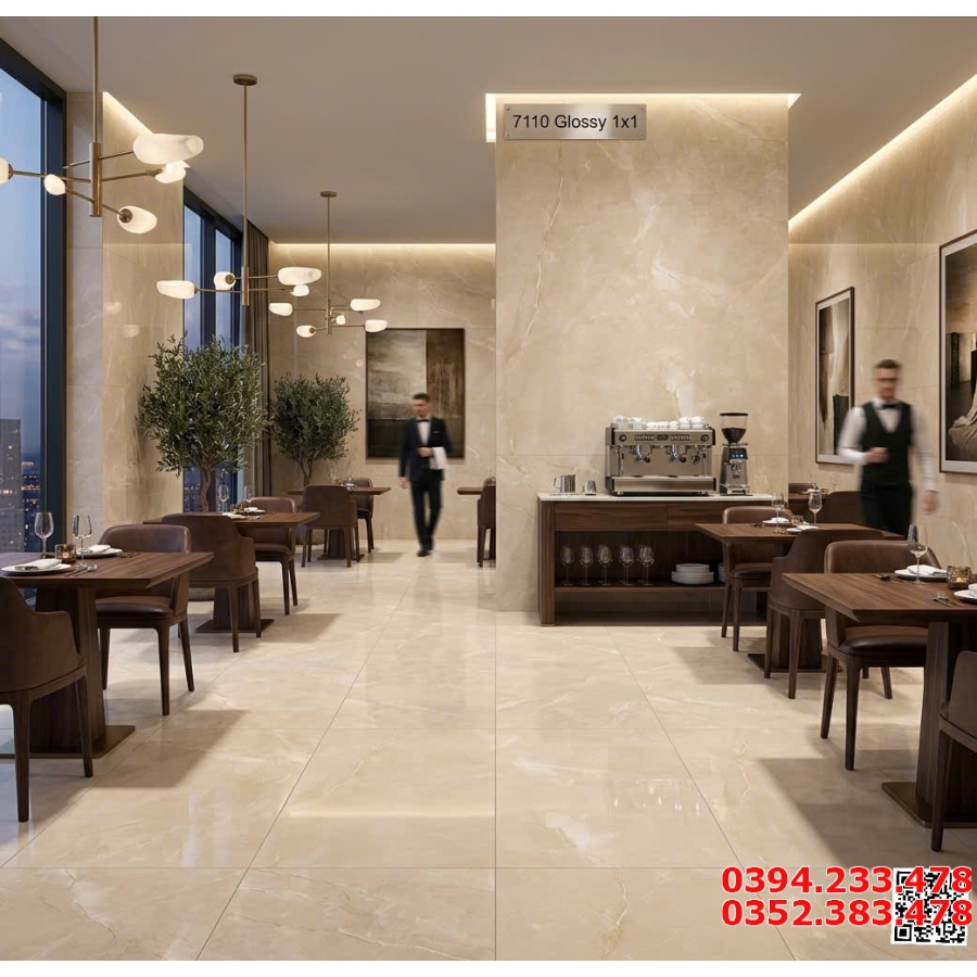 Gạch Ốp Lát Nhà Hàng Phong Cách Châu Âu 100x100 Vân Vàng
