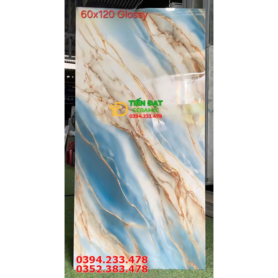 Gạch Ốp Lát Phòng Khách 60x120 Trắng Xanh Khắc Vàng