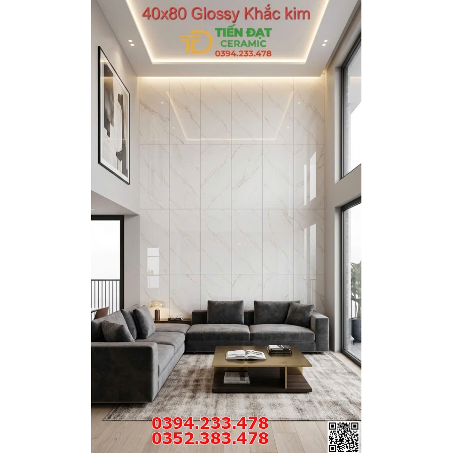 Gạch Ốp Tường 40x80 Trắng Khắc Vàng TQ Mẫu Mới 