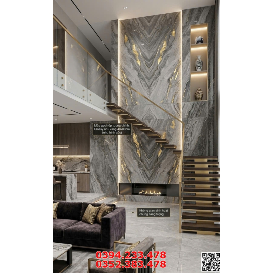 Gạch Nhũ Vàng TQ 40x80 Vân Xám Đậm Ốp Phòng Khách