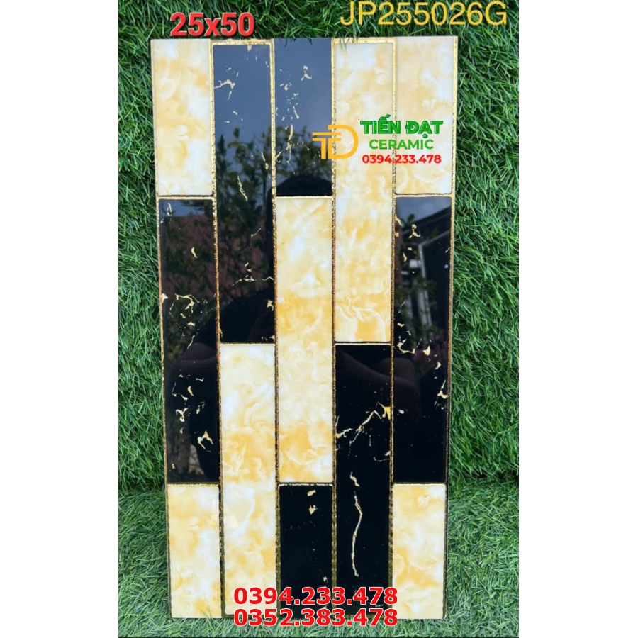 Gạch Trang Trí Điểm Nhấn 25x50 Đen Vân Vàng Khắc Kim
