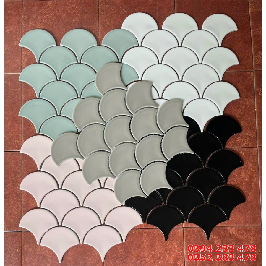 Gạch Trang Trí Hồ Bơi Thác Nước Đen Trắng Xanh Vẩy Cá 
