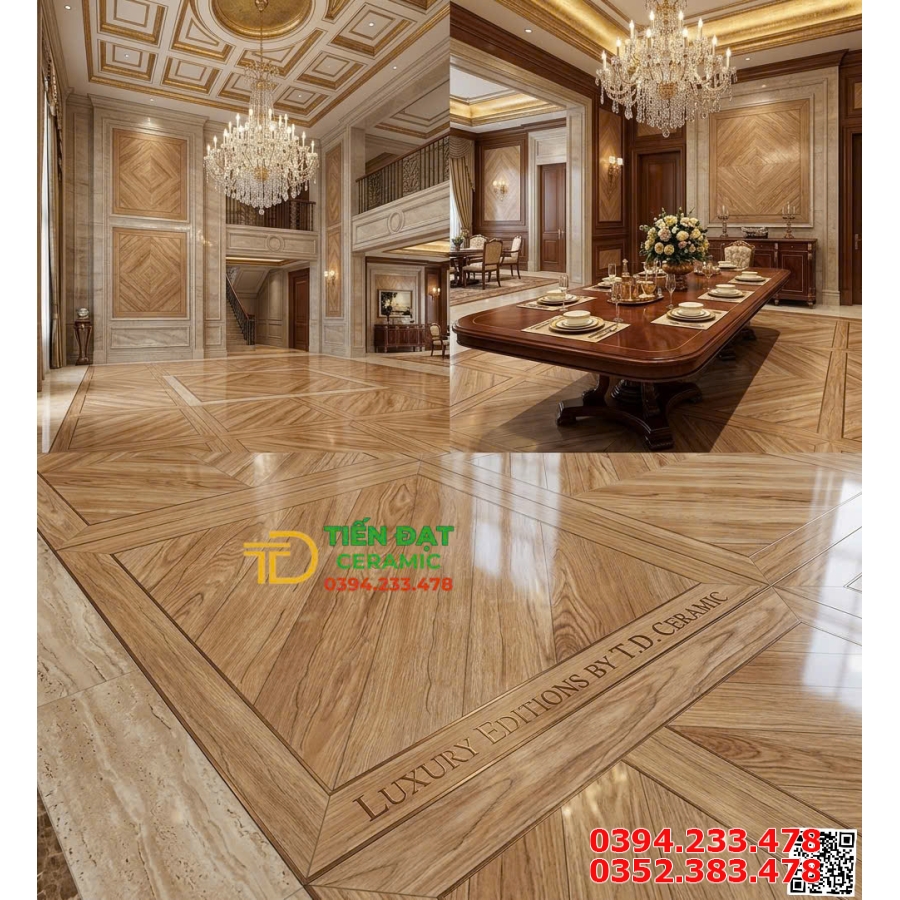 Gạch Vân Gỗ TQ 80x80 Lát Nền Khắc Kim Ánh Vàng