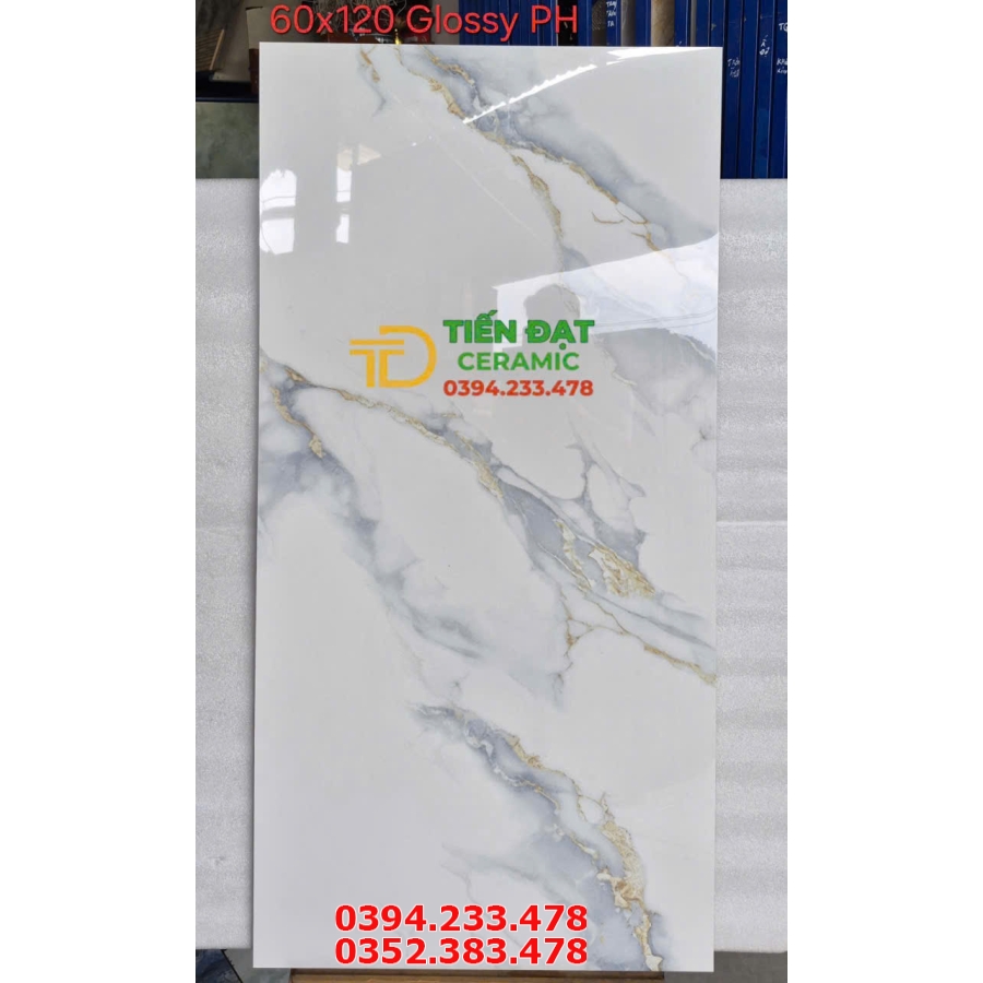 Gạch Ý Mỹ 60x120 Lát Quầy Tiếp Tân Trắng Xám Ánh Vàng