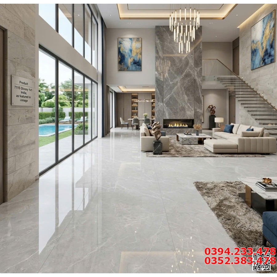 Gạch Vân Xám Đá 100x100 Bóng Kiếng Ốp Lát Phòng Khách