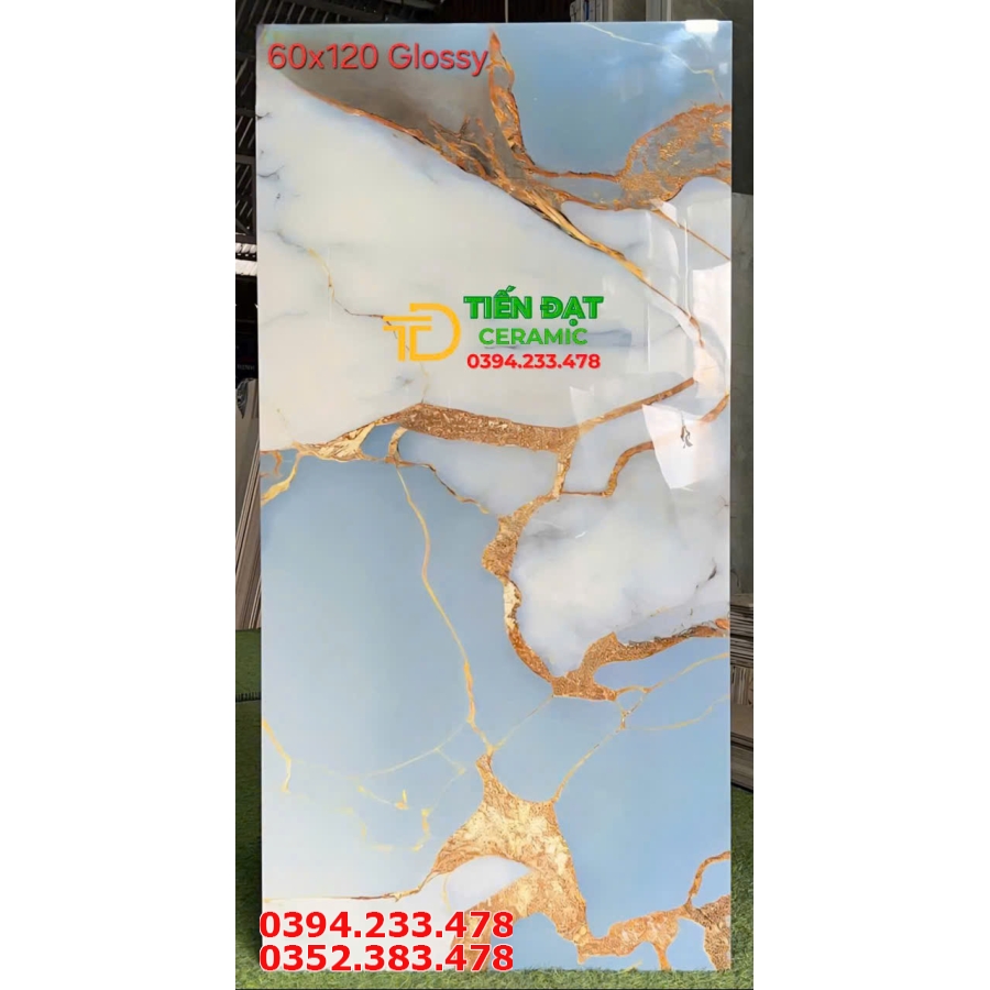 Kho Gạch Ốp Lát 60x120 Bóng Kiếng Trắng Xanh Khắc Kim