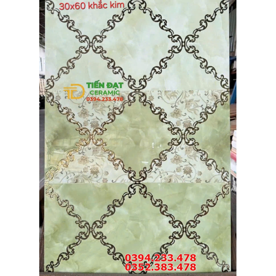 Kho Gạch TQ 30x60 Ốp Phòng Khách Xanh Đậm Nhạt Khắc Kim
