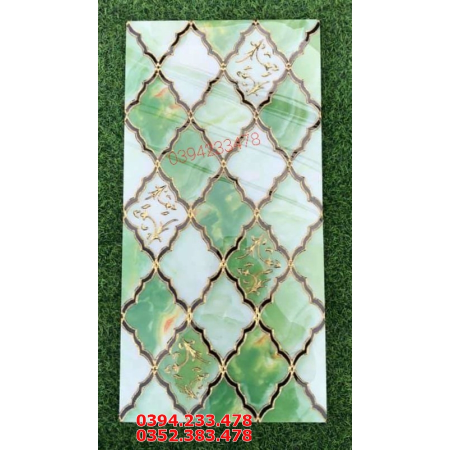 Gạch Cao CẤp 240x60 Xanh Ô Vuông Khắc Kim 