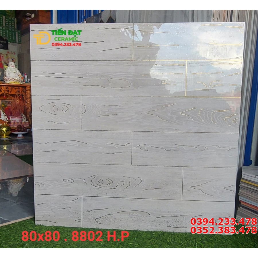 Gạch Giả Gỗ 80x80 Vân Trắng Khắc Kim 